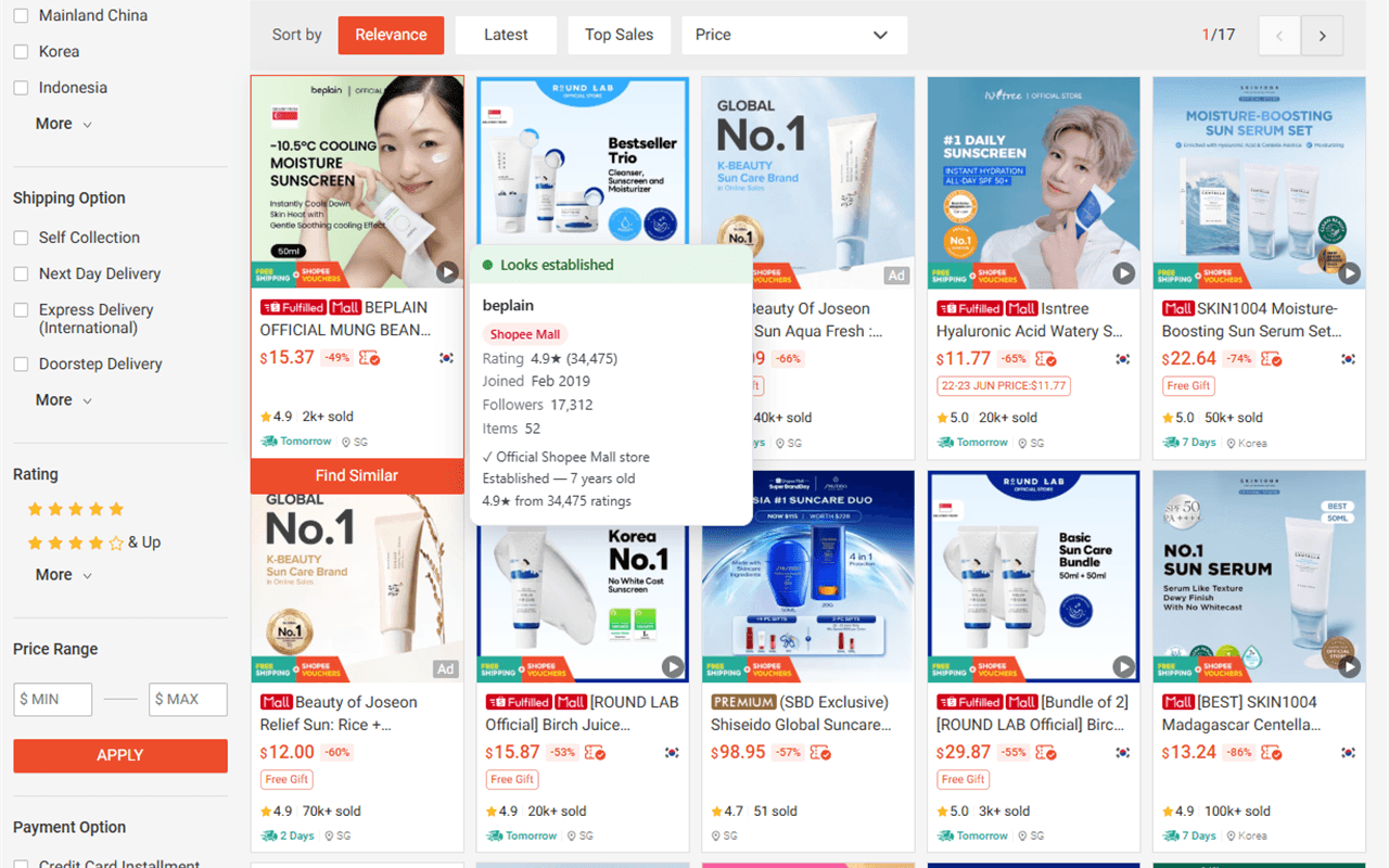A green trust verdict, Looks established, shown on a Shopee search result
